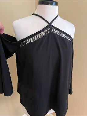 Guess Black Cold-Shoulder Halter Top with Lattice Trim